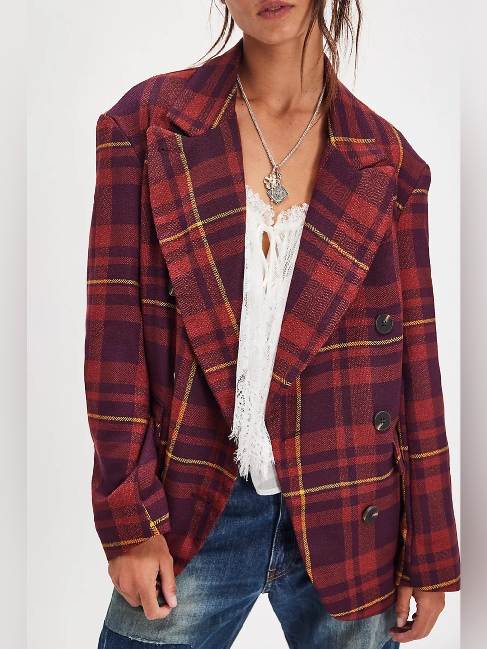 NWT FREE PEOPLE Dean Double-Breasted Blazer in Plum and Red Plaid